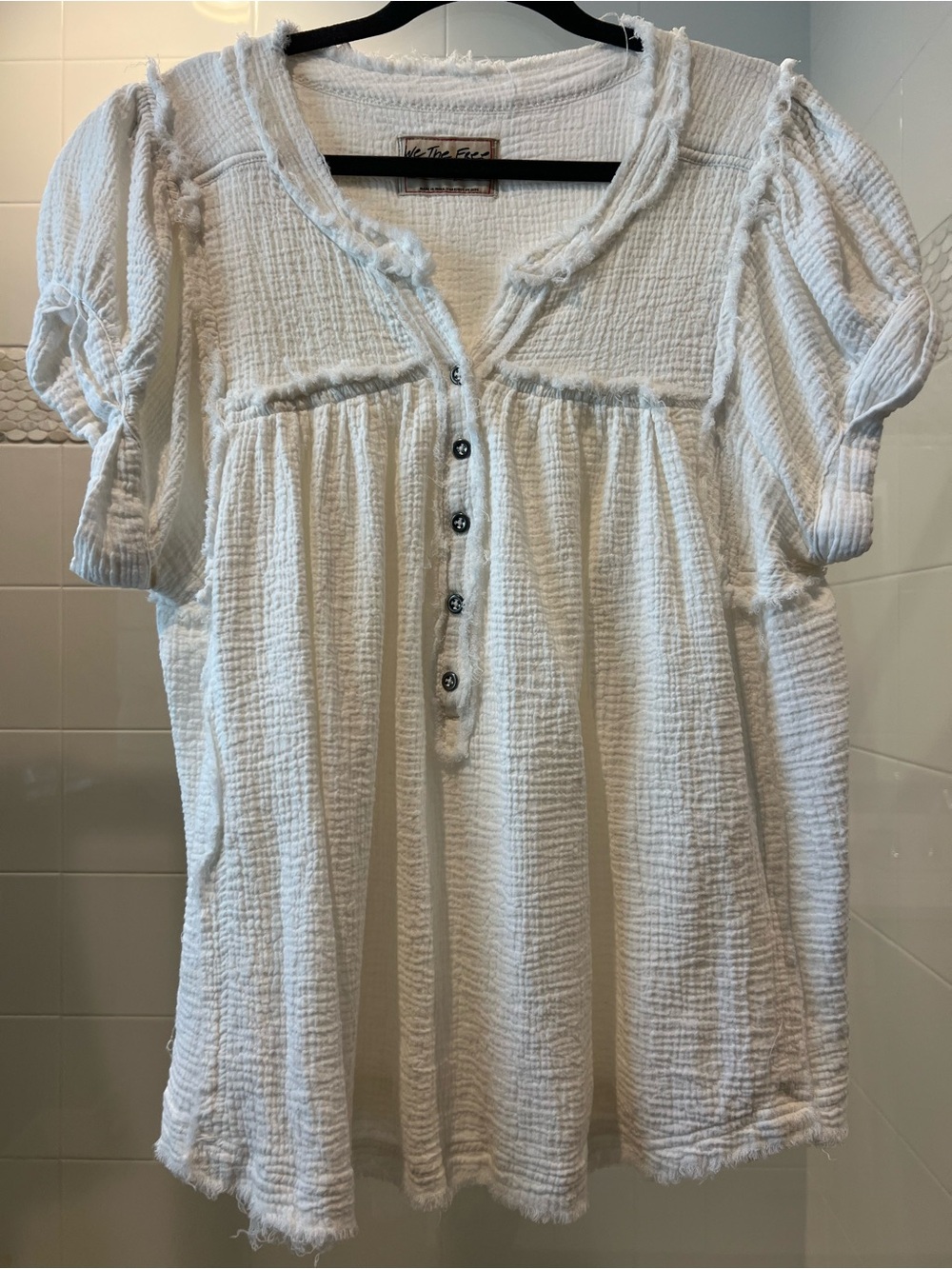 Free People Crinkled Gauze White Button-Front Peasant Top